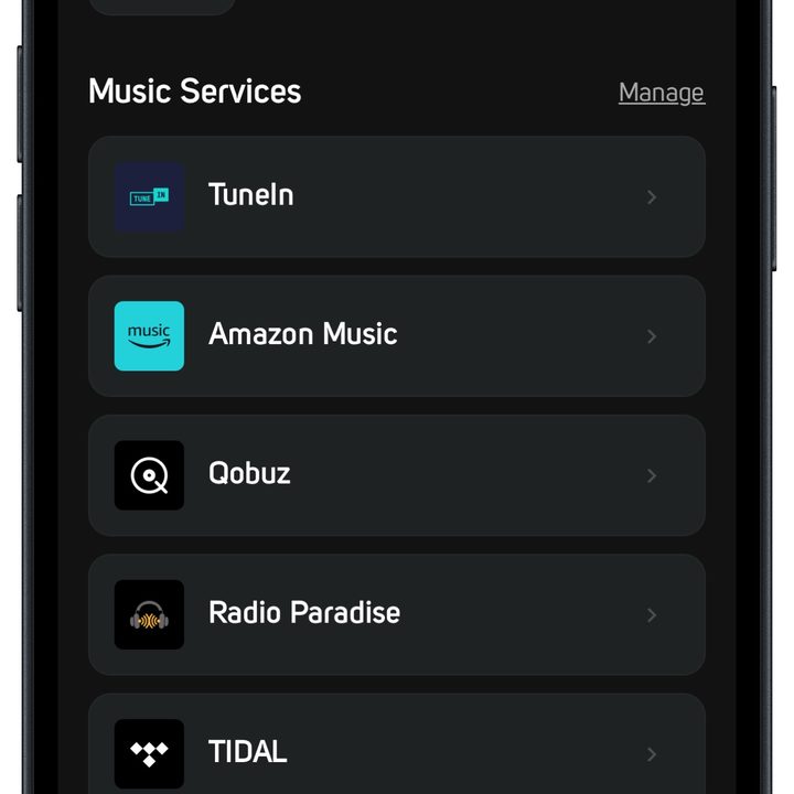 BluOS app on iOS: Available music services.