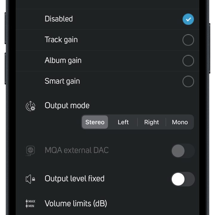 BluOS app on iOS: Sound settings for Node Nano.