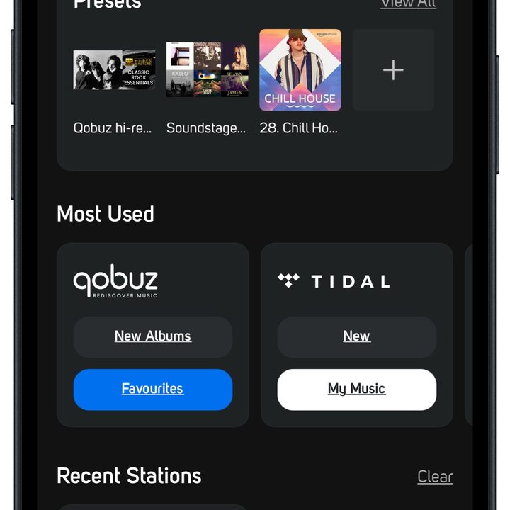 BluOS app on iOS: Home page.