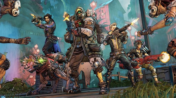 The four playable Borderlands 3 characters (plus a dog creature) standing together shooting at psychos.