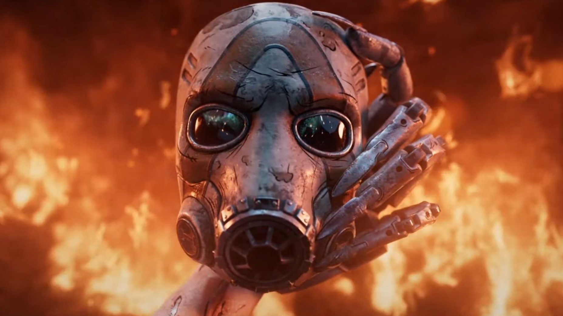 A Borderlands psycho mask being held in front of a ton of flames.