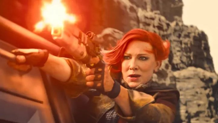 A woman shoots a gun in Borderlands.