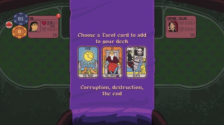 Three tarot cards appear on a purple banner in Dungeons and Degenerate Gamblers.