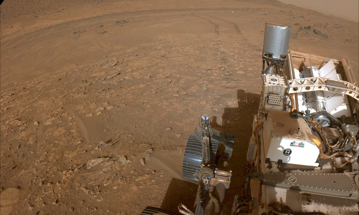One of the navigation cameras aboard NASA’s Perseverance Mars rover captured this view looking back at the “Bright Angel” area on July 30, the 1,224th Martian day, or sol, of the mission.