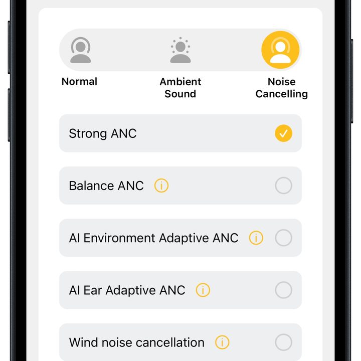 Earfun app for iOS: ANC settings.