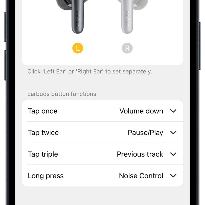 Earfun app for iOS: control customization.