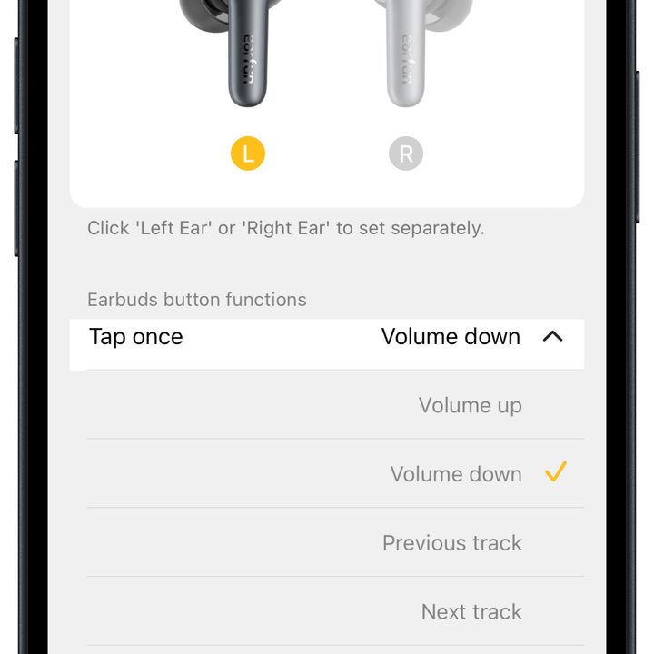 Earfun app for iOS: control customization.
