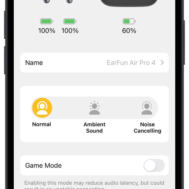 Earfun app for iOS: homepage.