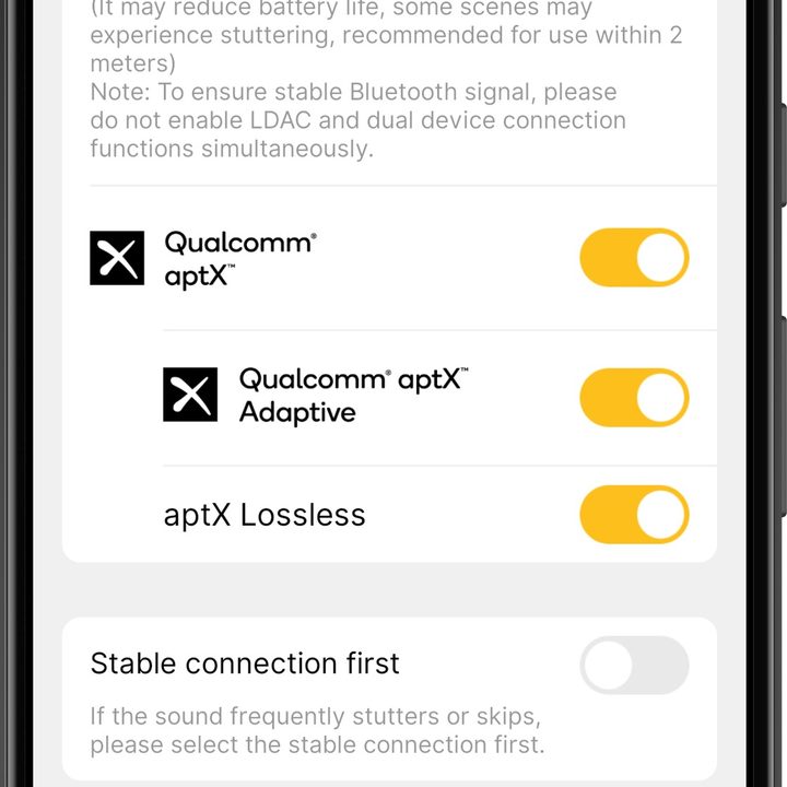 Earfun app for Android: codec selection.