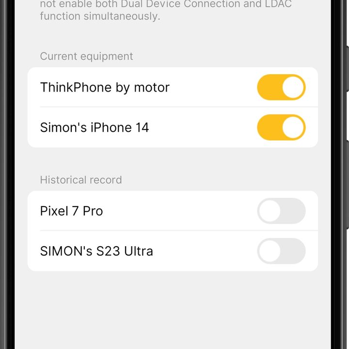 Earfun app for Android: Multipoint device selection.