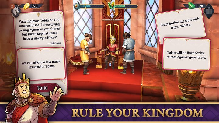 A marketing image from Elder Scrolls: Castles. It says "rule your kingdom." And there are cards on the screen with decisions. This one is about helping Tobin maybe get music lessons.