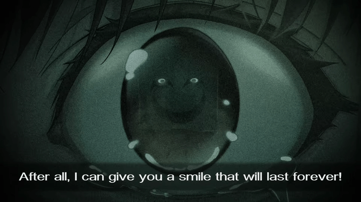 An eyeball stares at a creepy killer in Emio -- The Smiling Man.