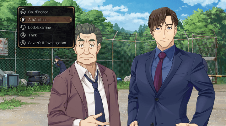 Two detectives stand in a field in Emio -- The Smiling Man.