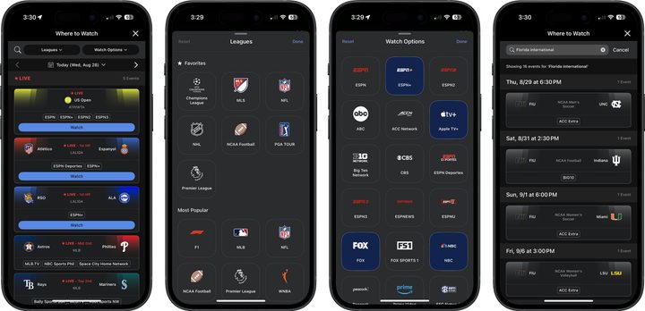 Screenshots of the Where to Watch feature on the ESPN app on an iPhone.