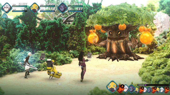 Characters battle a tree in Fantasian Neo Dimension.