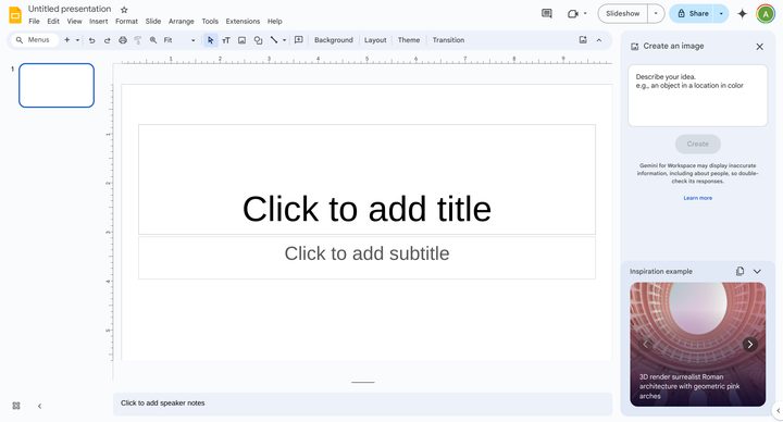 a new slides document with the Gemini sidebar open