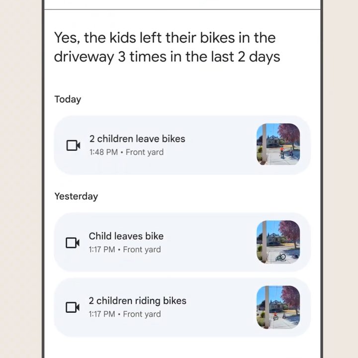 Gemini improving camera activity search results in Google Home.