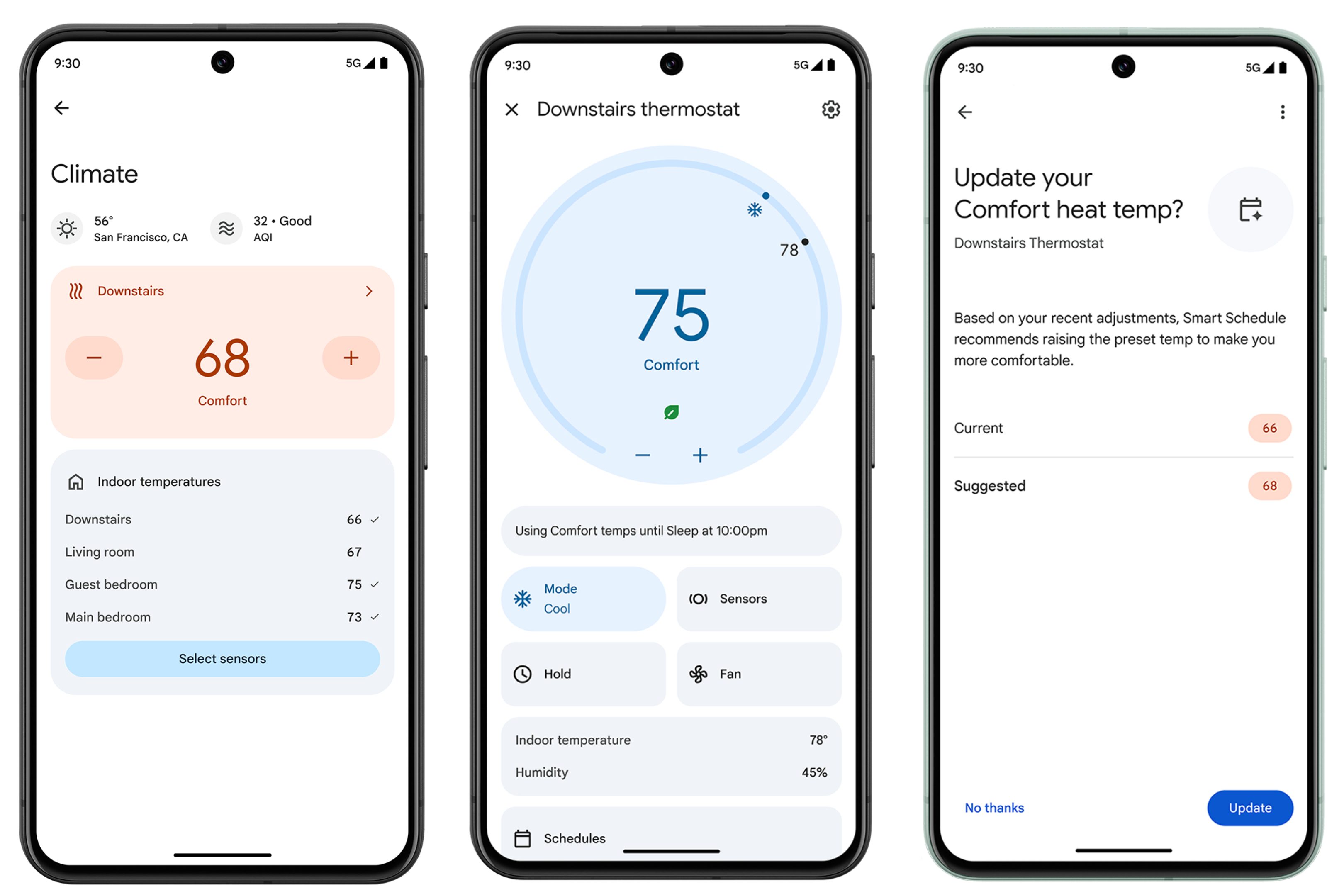 Screenshots of the updated thermostat settings in the Google Home app.