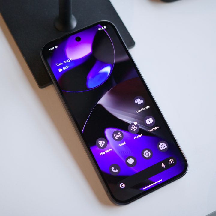 The Google Pixel 9 with its display on.