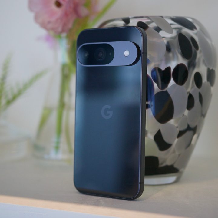 A black Google Pixel 9 standing upright.