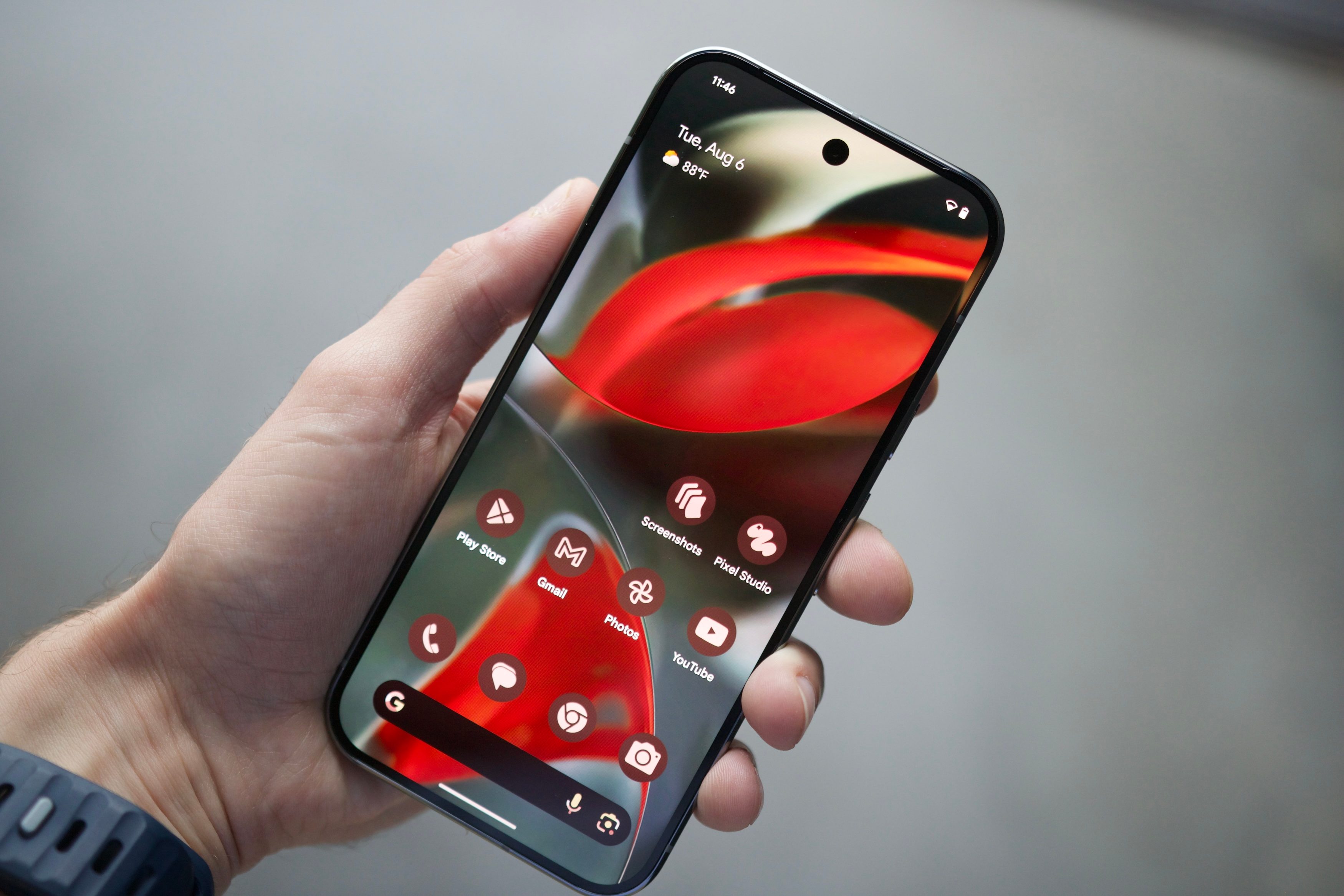 The Google Pixel 9 Pro with its display on.
