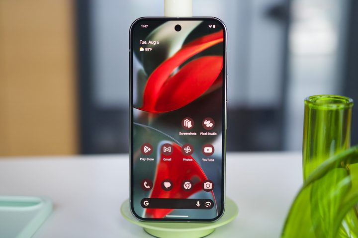 The Google Pixel 9 Pro with its display on.