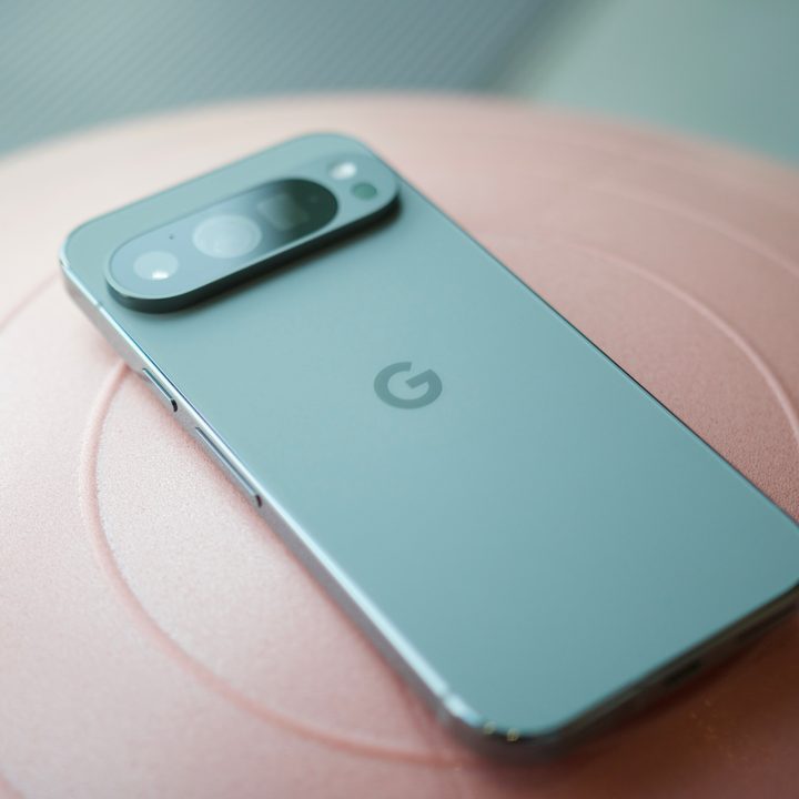 The Google Pixel 9 Pro lying face down on an exercise ball.