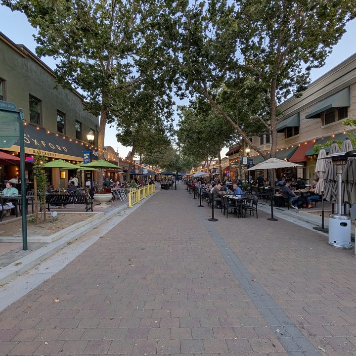 A photo of an outdoor walking/dining area in Mountain View, taken with the Google Pixel 9 Pro XL.