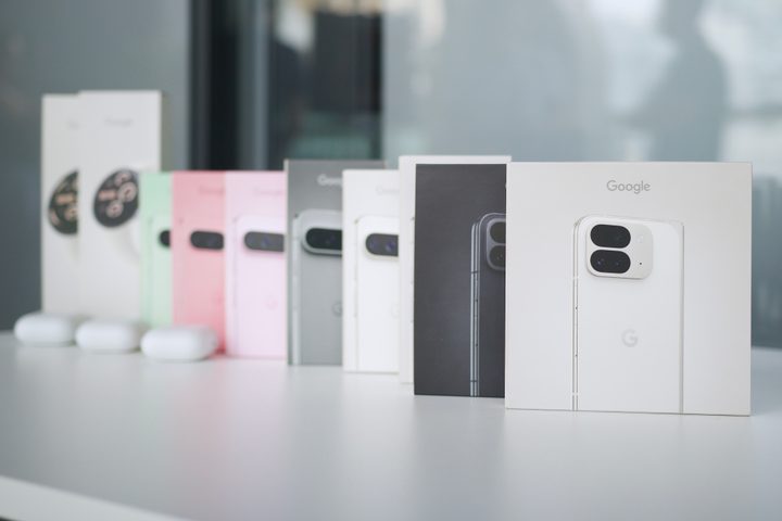 Boxes for the new Google Pixel 9 phones and Pixel Watch 3.