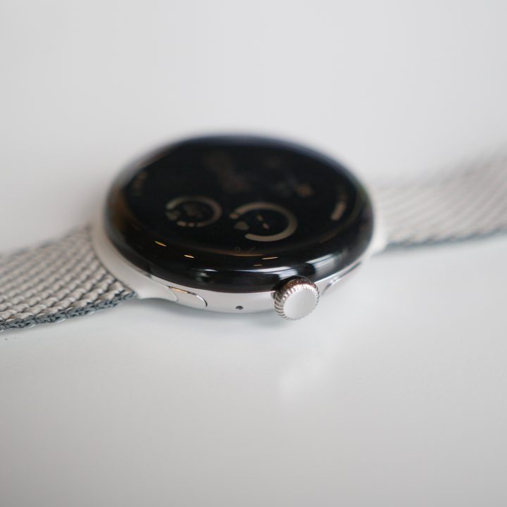 The side of the Google Pixel Watch 3 and its crown.