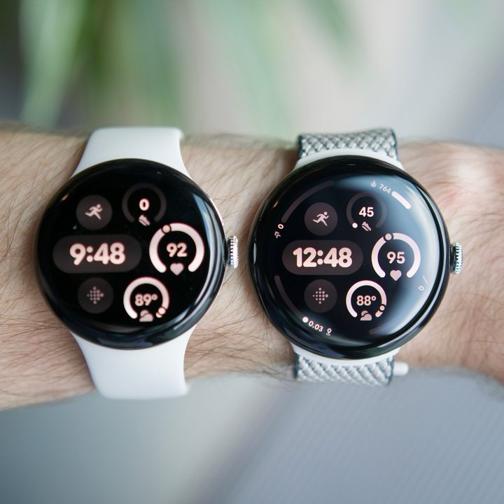 Someone wearing the 41mm and 45mm Google Pixel Watch 3.
