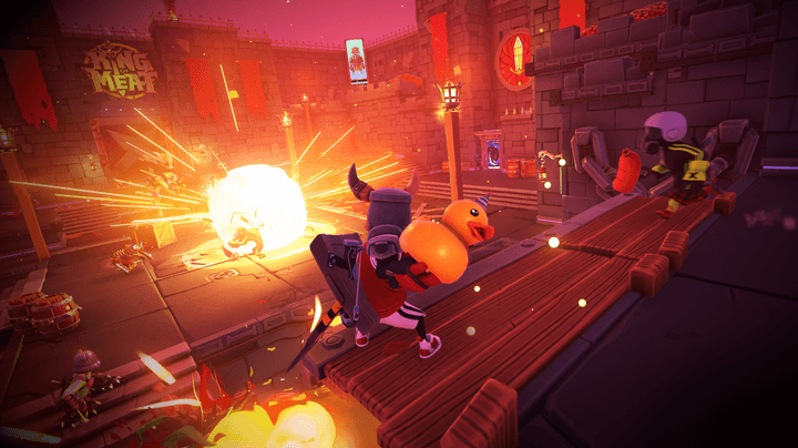 A character throws a duck grenade in King of Meat.