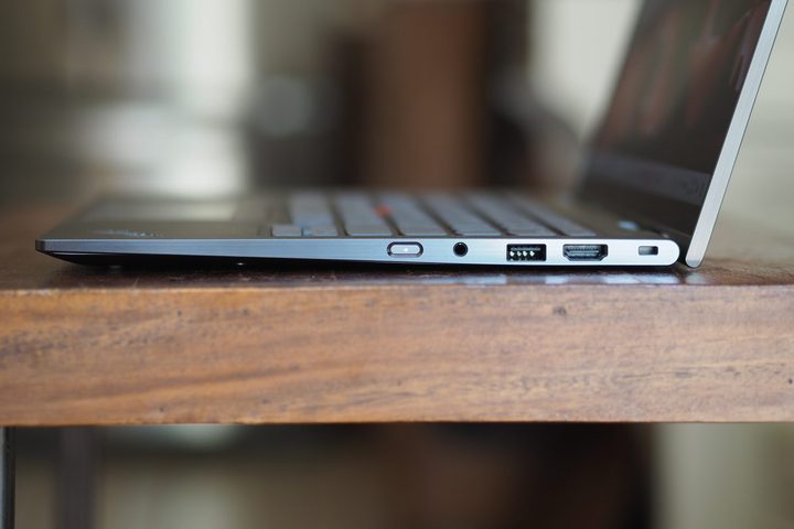 Lenovo ThinkPad X1 2-in-1 side view showing ports and lid.