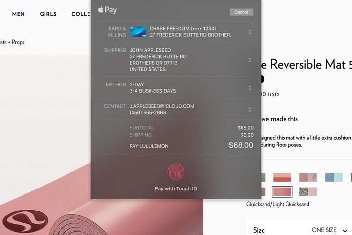 A macOS screen showing a purchase being carried out on a website. The user is being prompted to confirm their payment using their Mac's Touch ID button.