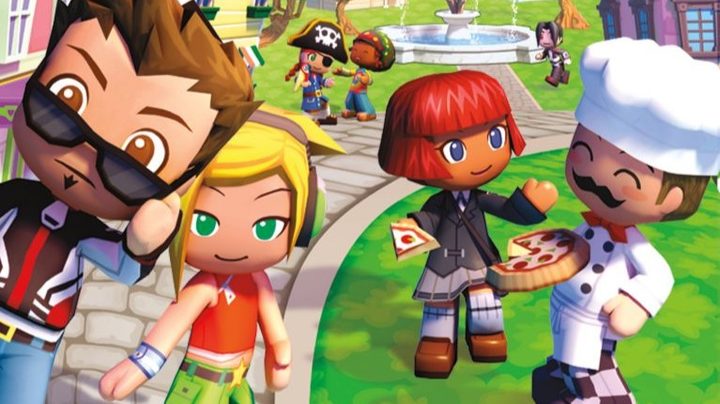 The cover art for MySims. It shows four people, including a guy in sunglasses, a blonde girl, a redheaded girl, and a chef standing on some grass.