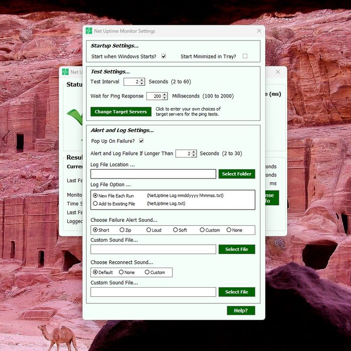 A screenshot of Net Uptime Monitor settings.