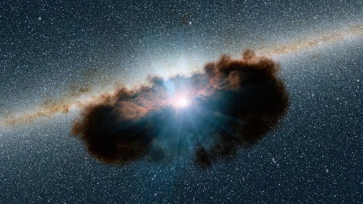 In the blackness of space, a bright object in the center of view is surrounded and partly obscured by a dark cloudArtist illustration of a black hole surrounded by extremely thick clouds of gas and dust