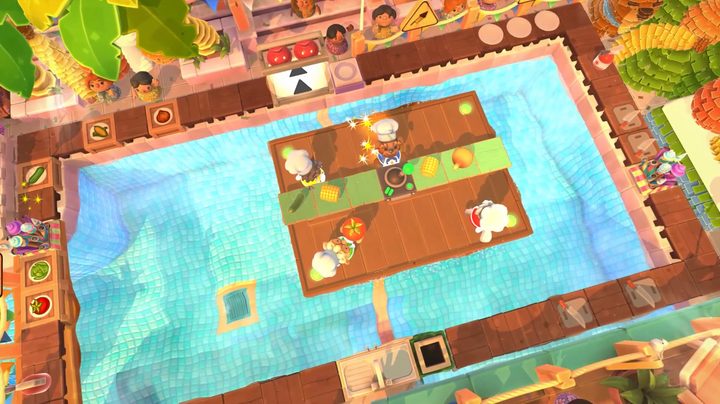 Four chefs cook on a floating kitchen.