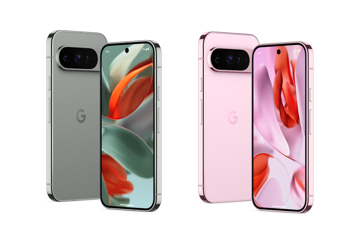 Two Pixel 9 Pro models in green and pink.