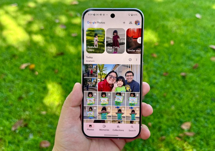 Pixel 9 Pro in Rose Quartz showing Google Photos.