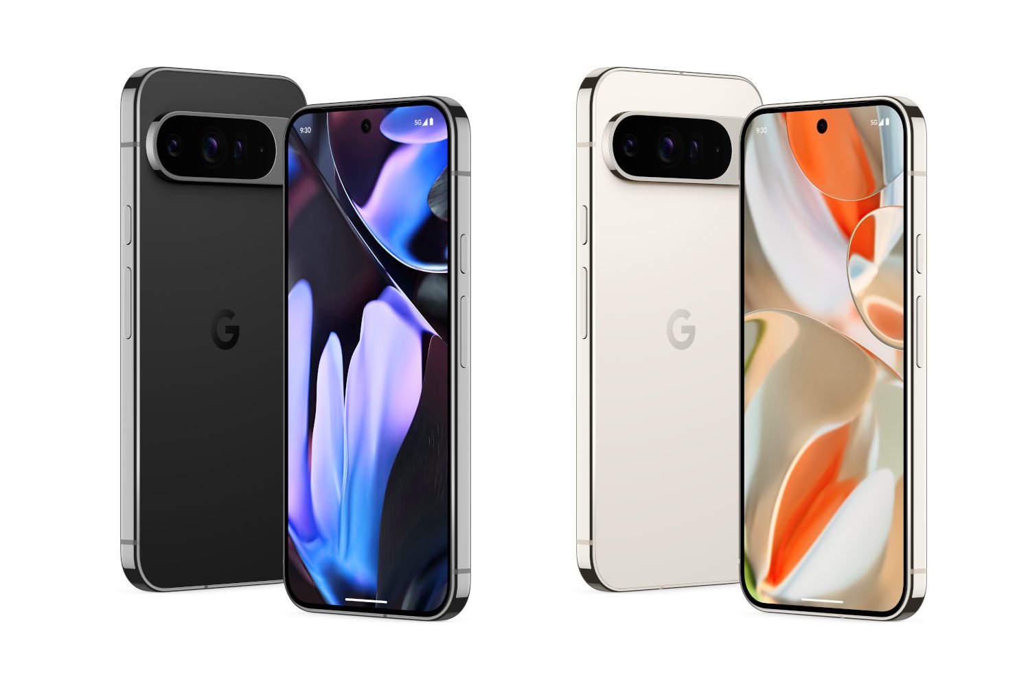 Two Pixel 9 Pro XL models in black and white.
