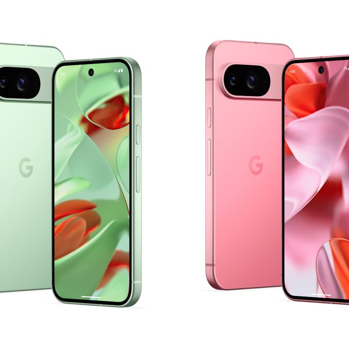 The Pixel 9 in green and oink on a blank background.