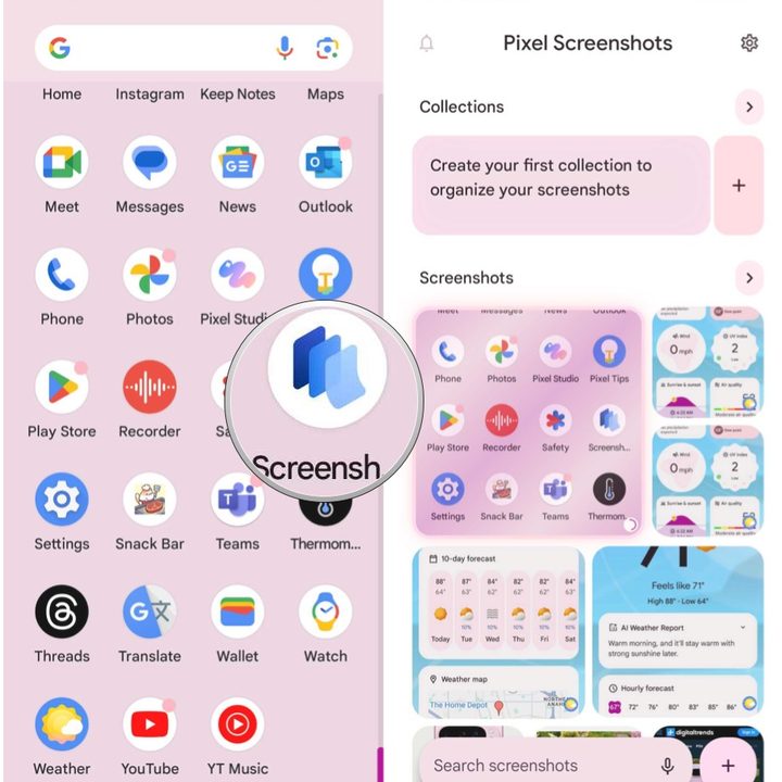 Launch Screenshots on Pixel 9, select a screenshot to view.