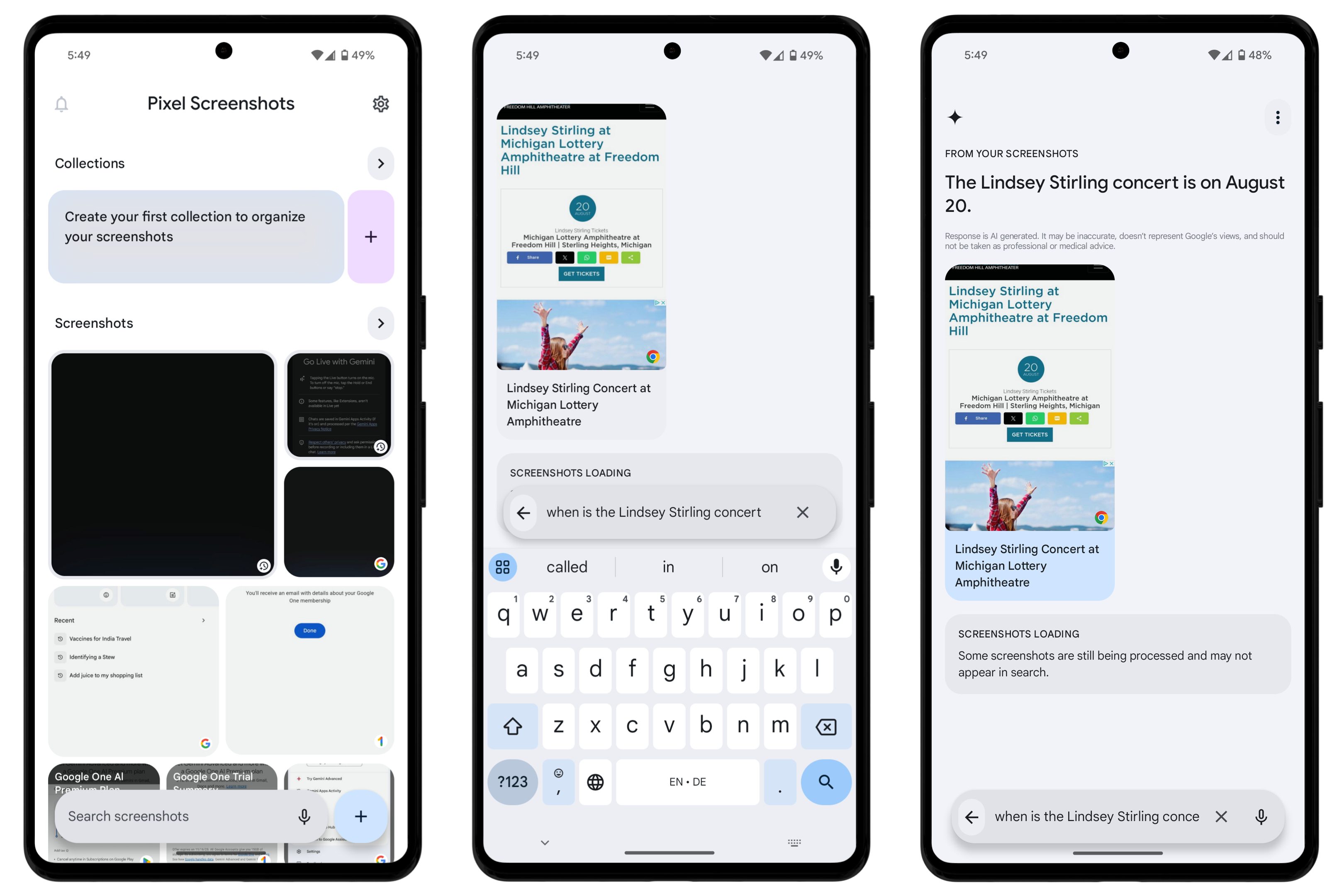 Screenshots of the Pixel Screenshots app.