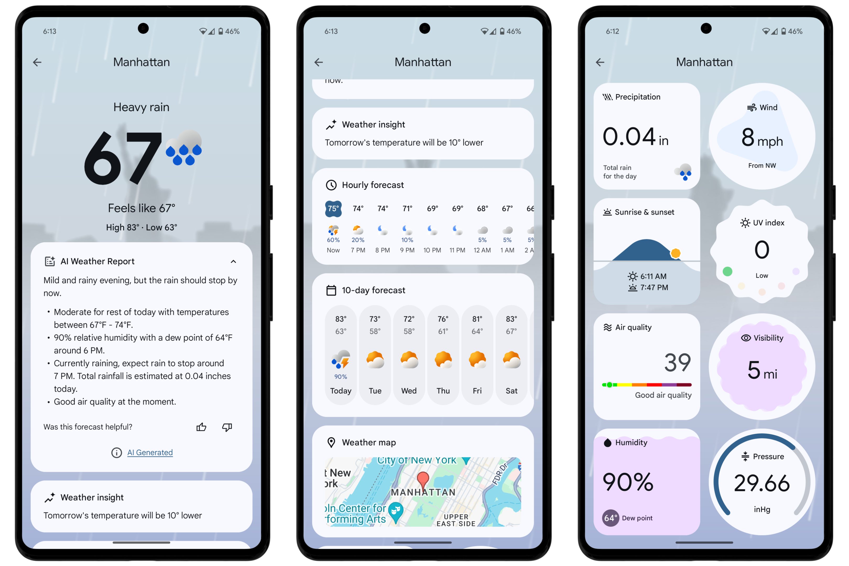 Screenshots from the Pixel Weather app.