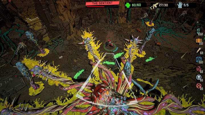 A character fighting a giant red and yellow tentacle monster. They're ready to unleash an attack with a cone of effect in front of them.