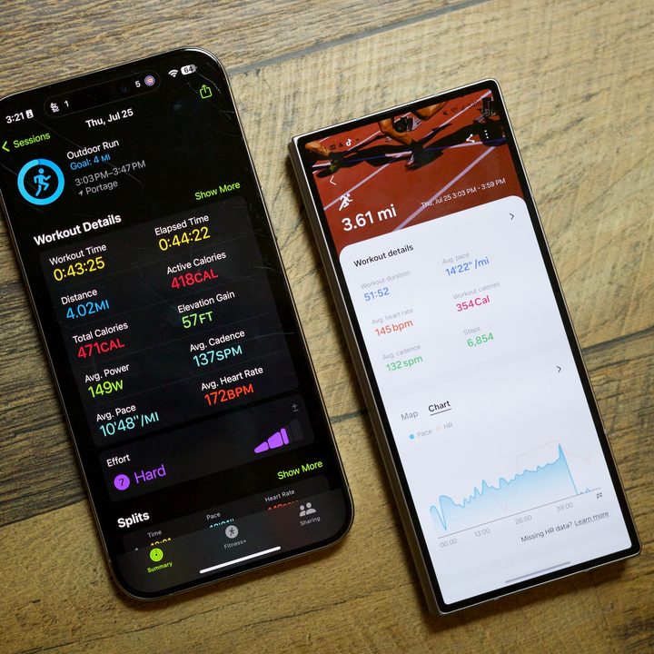An iPhone showing the Fitness app and a Samsung phone showing the Samsung Health app.