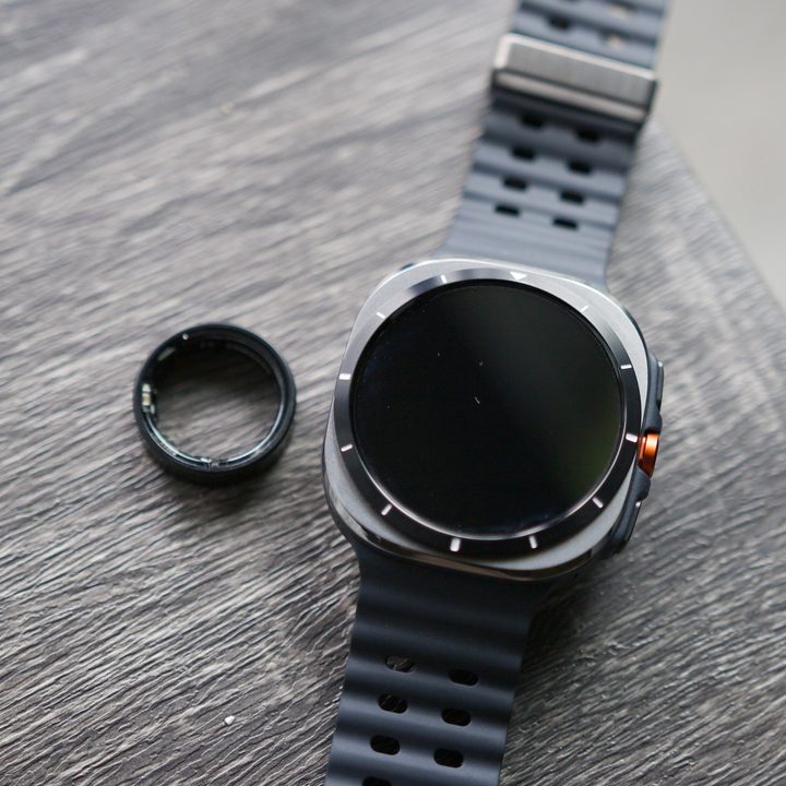 Samsung Galaxy Ring next to the Galaxy Watch Ultra.