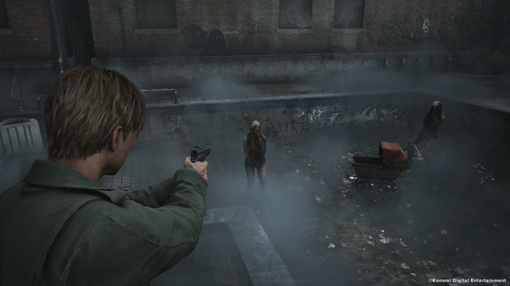 James aims his gun in Silent Hill 2.