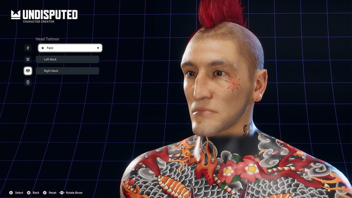 We see a heavily tattood fighter with a red mohawk made in the character creator in Undisputed.